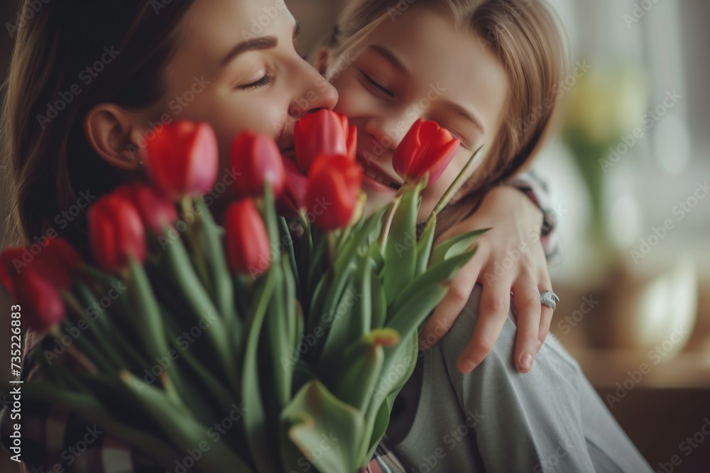 gentle son kisses happy mother and gives her a bouquet of tulips, congratulating her on Mother's Day while celebrating the holiday at home gentle son kisses happy mother and gives her a bouquet of tulips, congratulating her on Mother's Day while celebrating the holiday at home