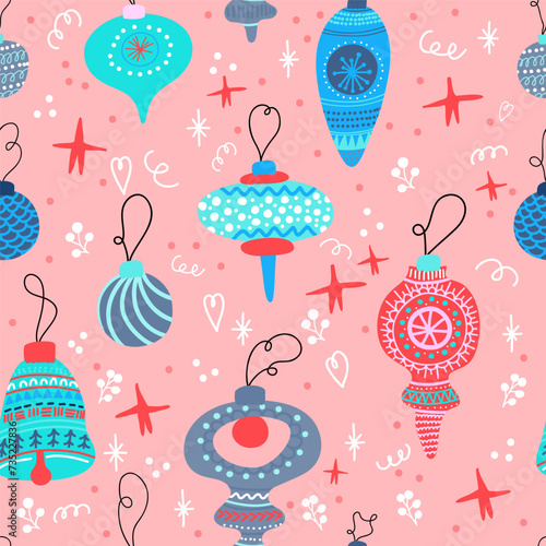 Vintage Christmas ornaments cute style seamless pattern background