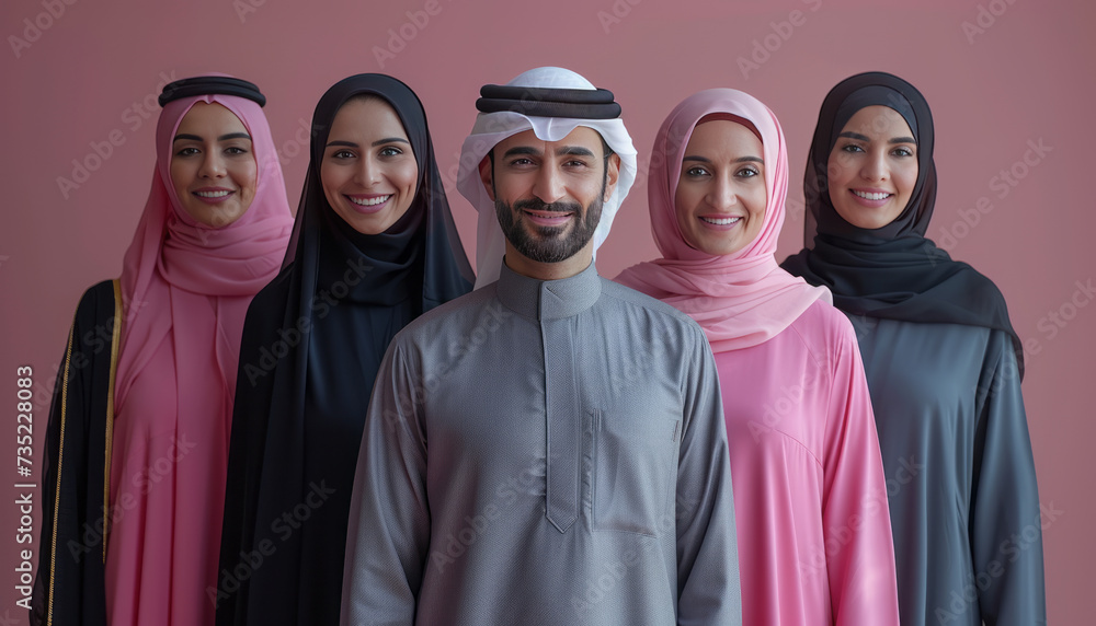 Arab man and woman in traditional attire pose for group portrait in Dubai studio, UAE.,generative ai