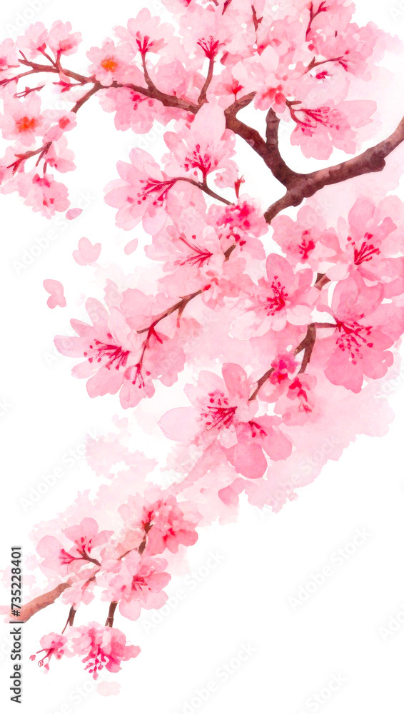 Sakura Flowers of pink color on white. Branch of blooming Sakura. Copy Space for text, watercolor. Valentine's Day, Easter, Birthday, Women's Day, Mother's Day