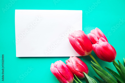 Fototapeta Naklejka Na Ścianę i Meble -  Bouquet of pink tulips and white mockup blank on bright green background, copy space for the text