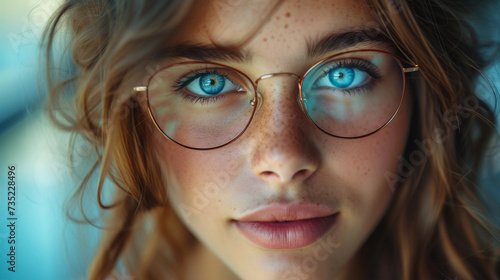 A beautiful young woman wearing glasses. Optician.