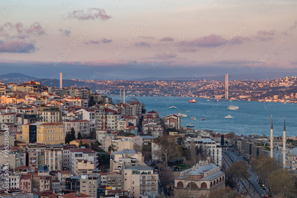 Beyoglu District and Bosphorus Bridge at Sunset