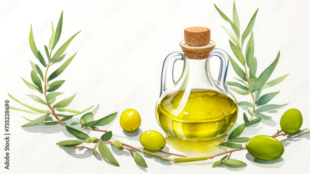 Olive oil banner, white background, copy space. Olive oil in a glass bottle and olive branches with leaves. Watercolor illustration Olive oil banner, white background, copy space. Olive oil in a glass bottle and olive branches with leaves. Watercolor illustration
