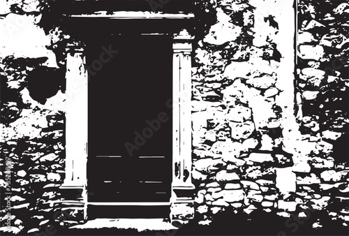 Old brick wall with boarded up wooden boards window. Wall of an abandoned ruined building