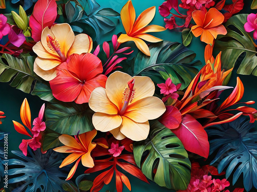 Vibrant Tropical Flowers and Leaves Arrangement