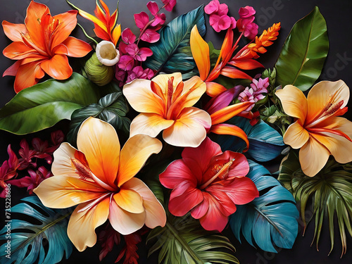 Vibrant Tropical Flowers and Leaves Arrangement