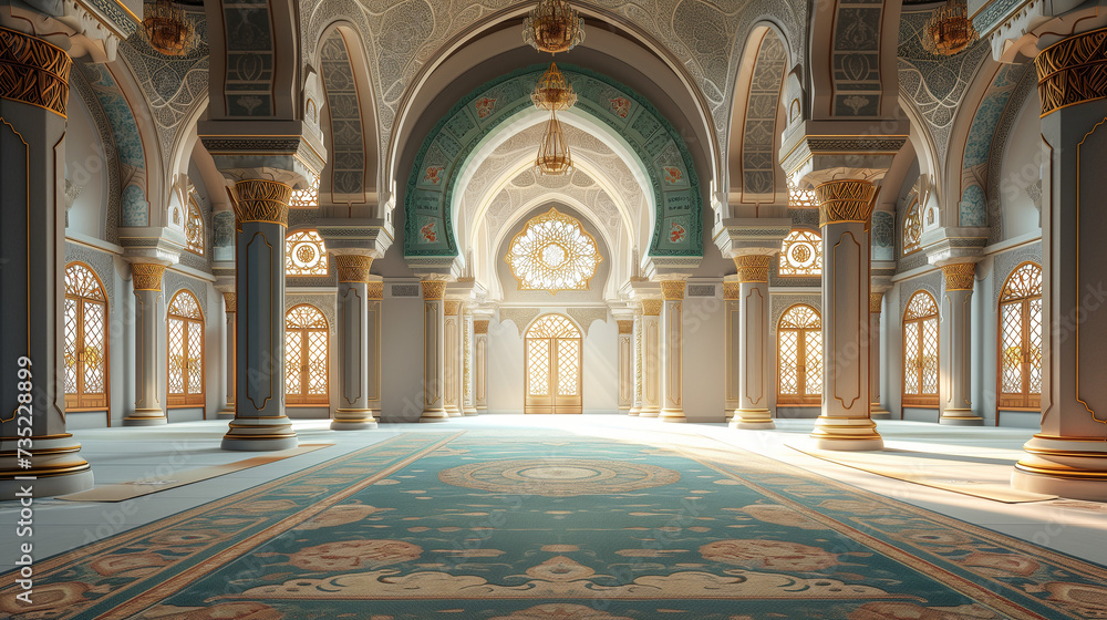 Empty Interior of Masjid (Mosque) as Ramadan and Eid 2024 Background Illustration.