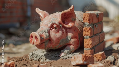 Piggy bank made of clay and brick on construction site photo
