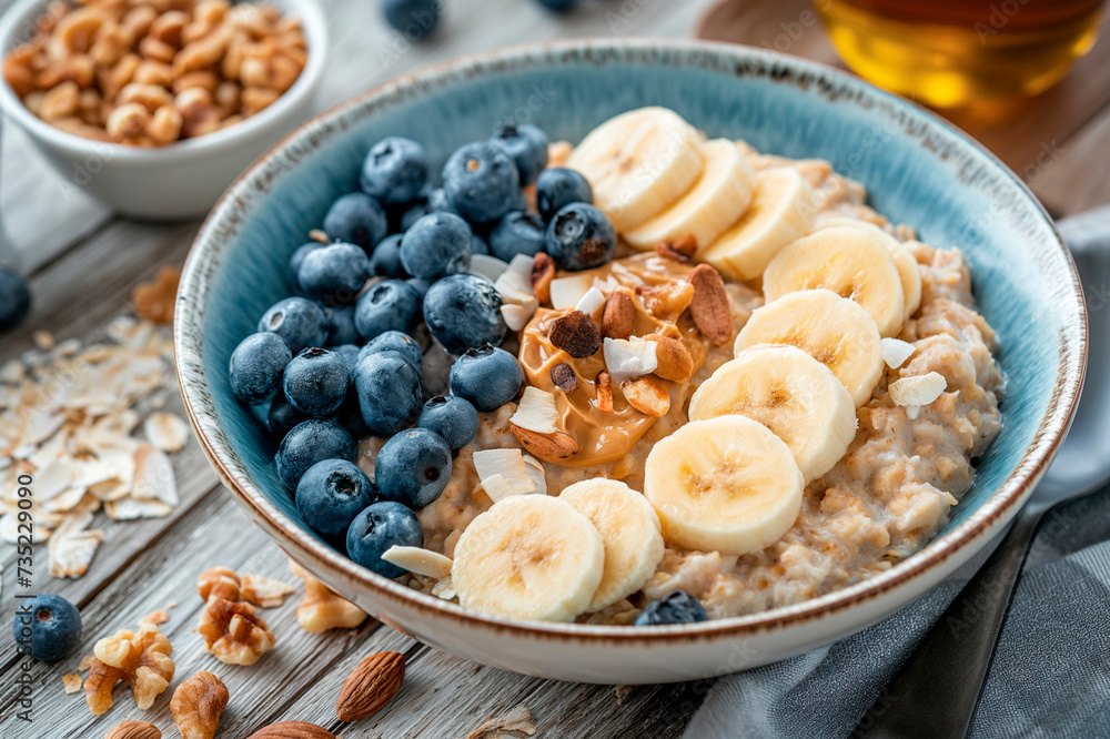 There is a plate of oatmeal on the table in a bowl with peanut butter, coconut flakes, blueberries, sliced banana, healthy breakfast There is a plate of oatmeal on the table in a bowl with peanut butter, coconut flakes, blueberries, sliced banana, healthy breakfast