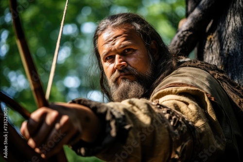 A man with a long beard holds a bow and arrow, ready for action.
