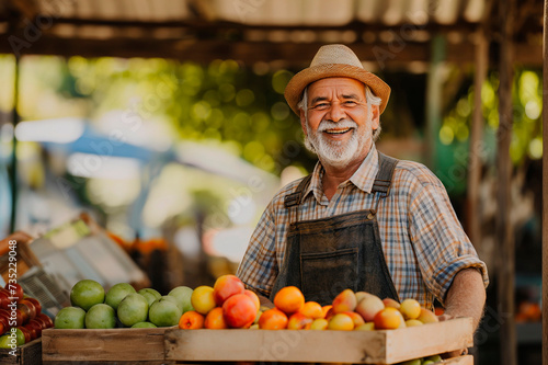 portrait of an old smiling farmer at the market, standing with a box of various fruits
