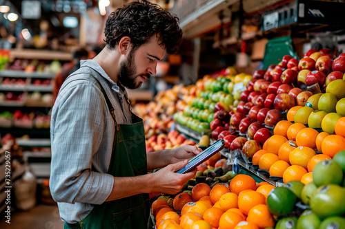 farmer at the market, standing and using digital tablet studying the availability of fruits in the shop photo