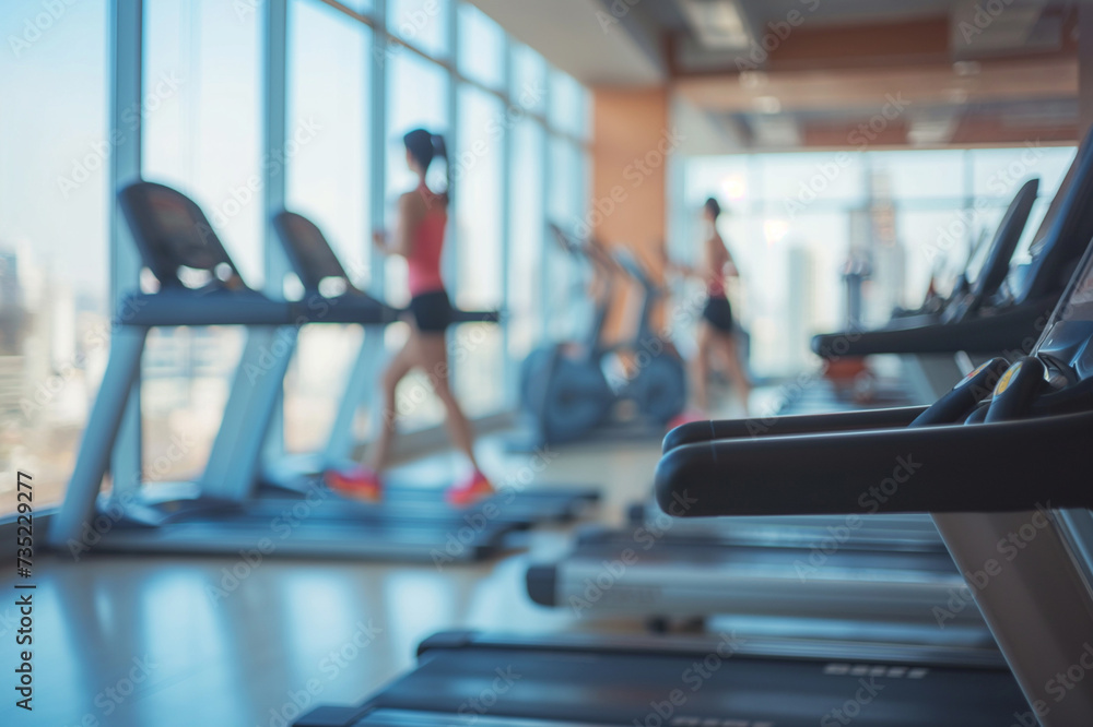 Fototapeta premium blurred people in gym, treadmills in a fitness club, other exercise equipment in the background, near panoramic windows overlooking the city
