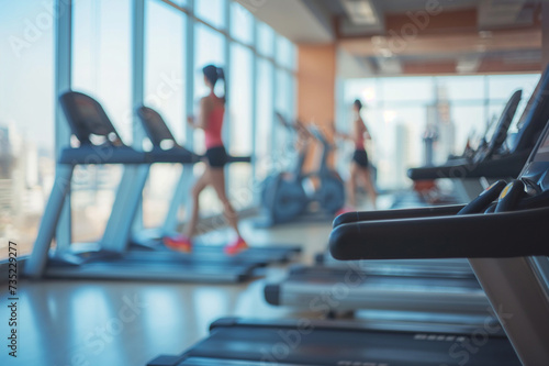 blurred people in gym, treadmills in a fitness club, other exercise equipment in the background, near panoramic windows overlooking the city