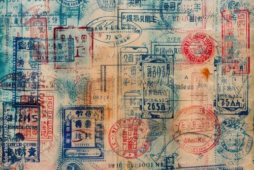 Travel background with different passport stamps.