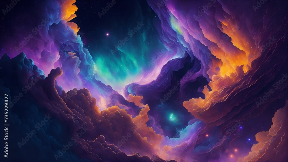 Nebulous WonderlandDescription: A wondrous realm where colorful nebulae and cosmic clouds converge. - obrazy, fototapety, plakaty 