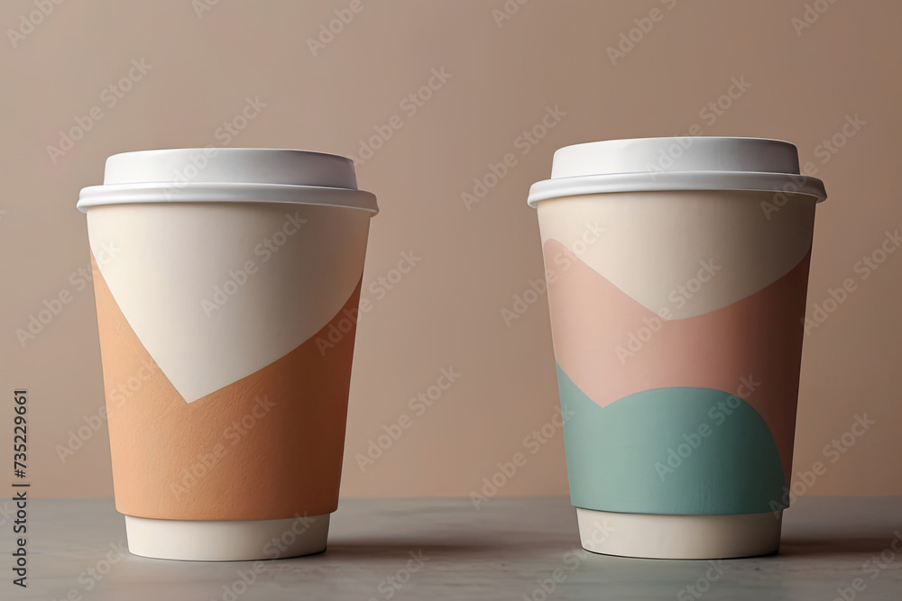 Modern coffee shop cup design. Abstract takeaway cups on neutral pastel background. Perfect for cafe concepts Modern coffee shop cup design. Abstract takeaway cups on neutral pastel background. Perfect for cafe concepts