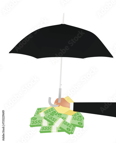 Hand hold umbrella in front of money and gold. vector illustration