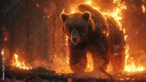 A bear in a burning forest. Danger of forest fires for wild animalsgenerative ai