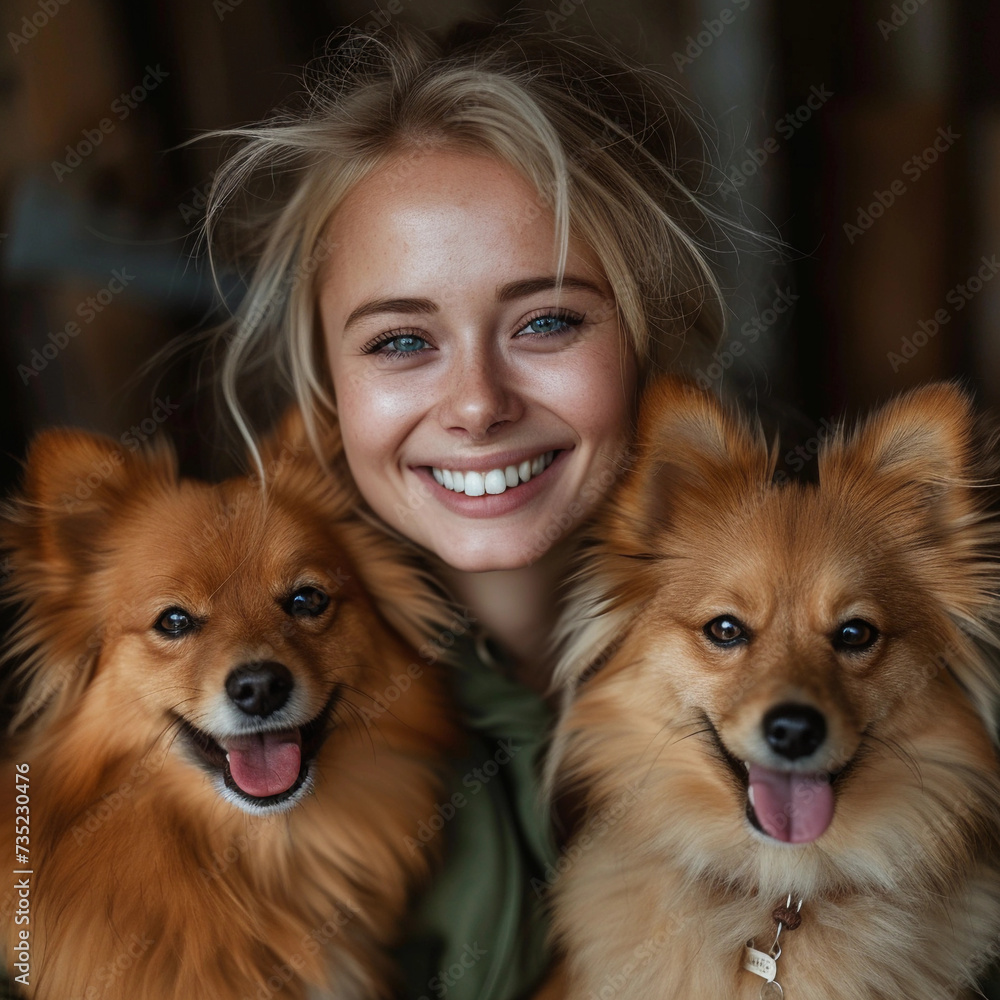 A woman with two small cute fluffy dogs A woman with two small cute fluffy dogs
