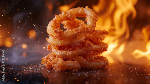 Tantalizing fried onion straws surrounded by a fiery backdrop offer a perfect balance of crunch and flavor. photo