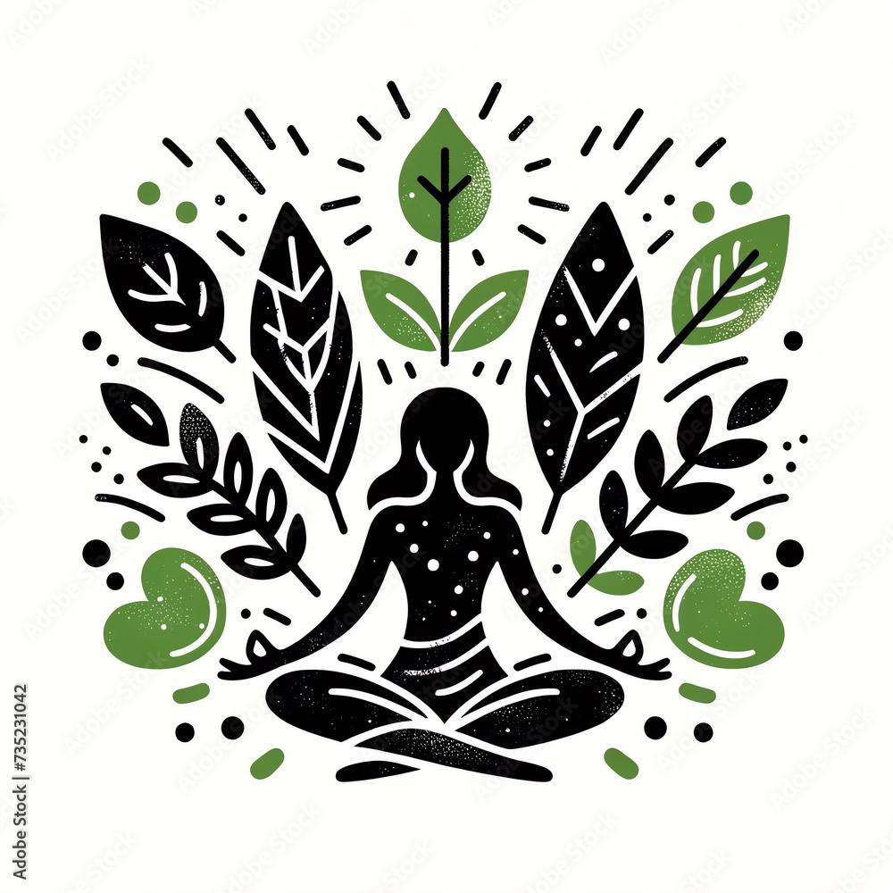 A hand-drawn doodle style illustration of a woman meditating in nature, surrounded by leaves, using flat black and green colors. A hand-drawn doodle style illustration of a woman meditating in nature, surrounded by leaves, using flat black and green colors.