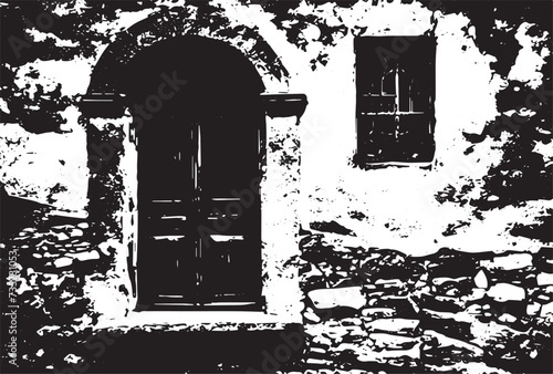 Old brick wall with boarded up wooden boards window. Wall of an abandoned ruined building