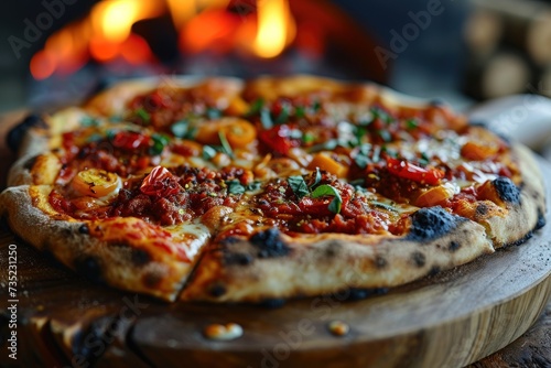 Pizza on a wooden table in front of a fire in a restaurant. Diavola. Cheese Pull. Diavola Pizza on a Background with copyspace.