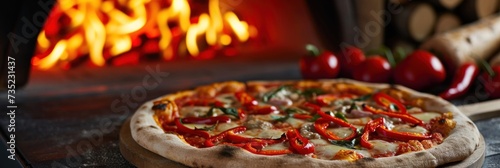 Pizza on a wooden table in front of a fire in a restaurant. Diavola. Cheese Pull. Diavola Pizza on a Background with copyspace.