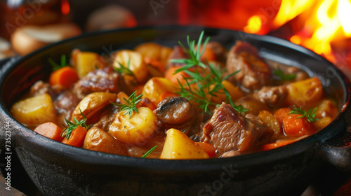 A hearty and satisfying stew of flavorful lamb creamy potatoes and colorful vegetables simmering by the warm glow of a traditional fireplace.