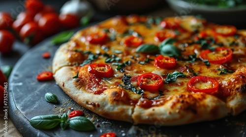 Diavola Pizza with mozzarella cheese, cherry tomatoes, peppers and basil. Diavola. Cheese Pull. Diavola Pizza on a Background with copyspace.