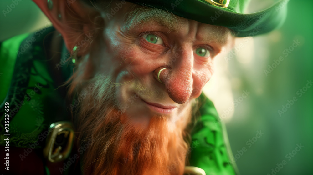 Wise-looking leprechaun with green jacket and hat, ginger beard, and mischievous smile, set against mystical green glow for Saint Patrick's Day. - obrazy, fototapety, plakaty 