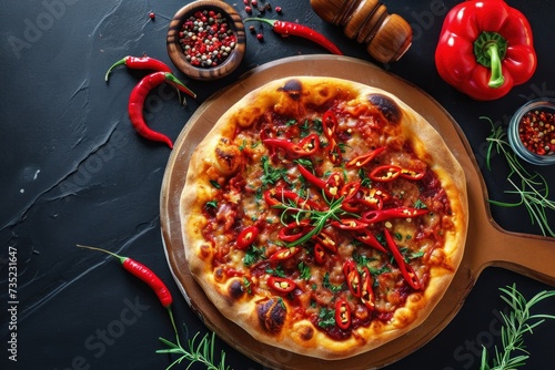 Pizza with meat, vegetables and spices on a dark background. Diavola. Cheese Pull. Diavola Pizza on a Background with copyspace.