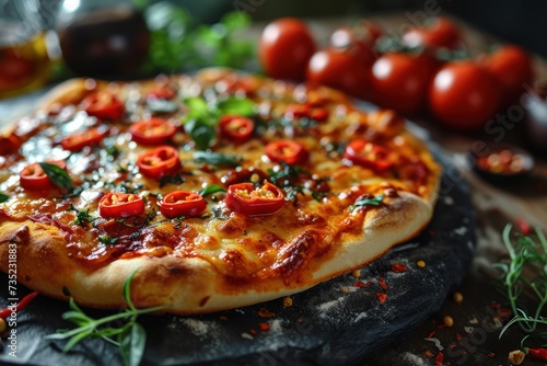 Diavola Pizza with mozzarella cheese, cherry tomatoes, peppers and basil. Diavola. Cheese Pull. Diavola Pizza on a Background with copyspace.