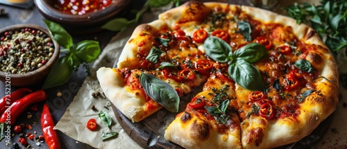 Diavola Pizza with mozzarella cheese, cherry tomatoes, peppers and basil. Diavola. Cheese Pull. Diavola Pizza on a Background with copyspace.