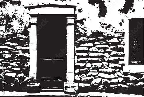 Old brick wall with boarded up wooden boards window. Wall of an abandoned ruined building