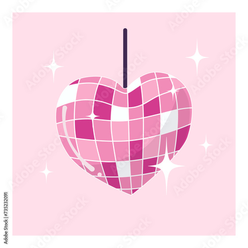 Happy valentine's day card. Modern abstract art design with hearts. Vector Disco ball in groovy style. 90's,80's, 70's. Templates for celebration, ads, branding, banner, cover, label, poster, sales