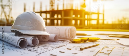 Construction worker's hard hat on top of blueprint for building design and planning