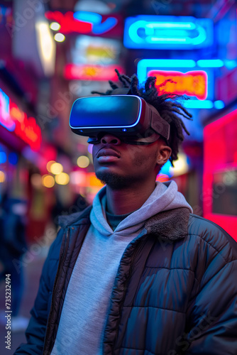A man in a VR helmet on the street with neon lights. Virtual reality. © Oksana Tryndiak