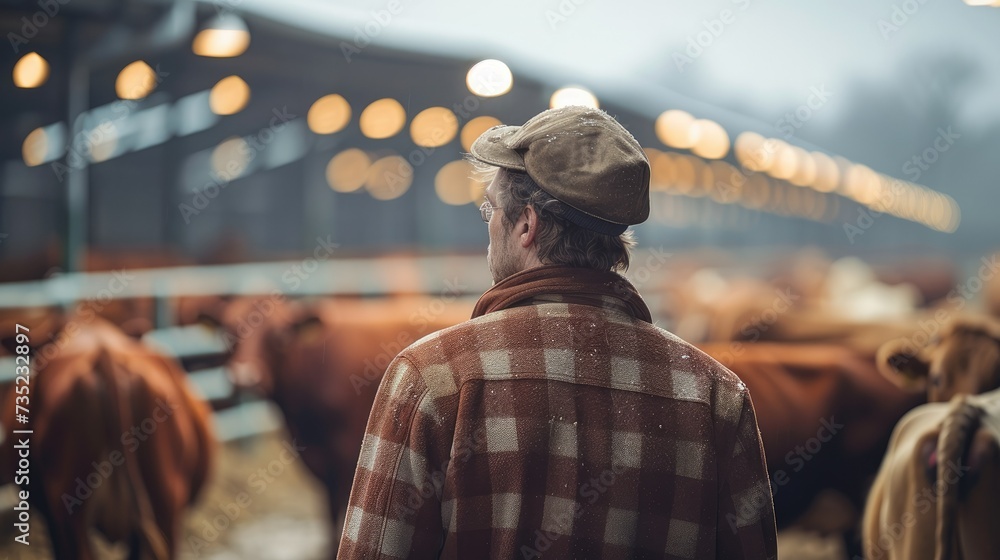 Modern male farmer watching cattle at livestock auction from behind. Generative AI.