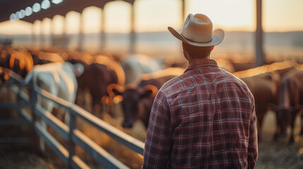 Modern male farmer watching cattle at livestock auction from behind. Generative AI.