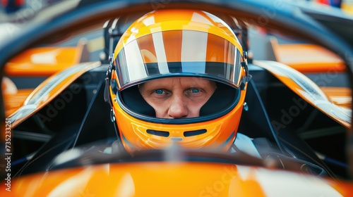 A Formula 1 pilot in a helmet before start of the race. Eyes locked on the prize, a warrior in the making.