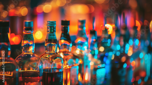 Fototapeta Naklejka Na Ścianę i Meble -  Silhouetted alcohol bottles with pour spouts against a backdrop of warm, glowing bokeh lights.