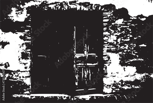 Old brick wall with boarded up wooden boards window. Wall of an abandoned ruined building