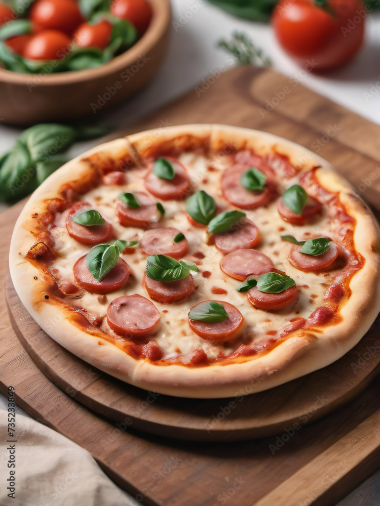 Photo Of Pizza On Wood Plate Isolated On White Background.