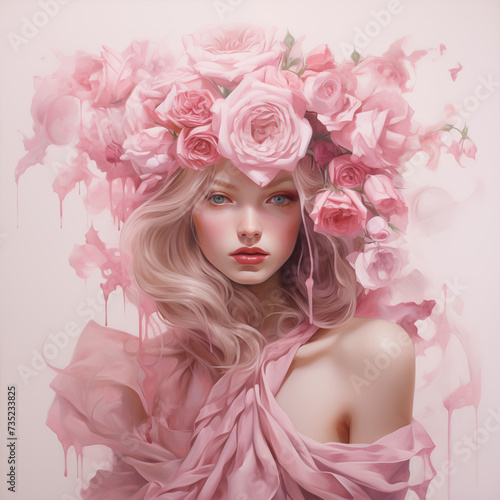 portrait of a beautiful girl with the pink roses 