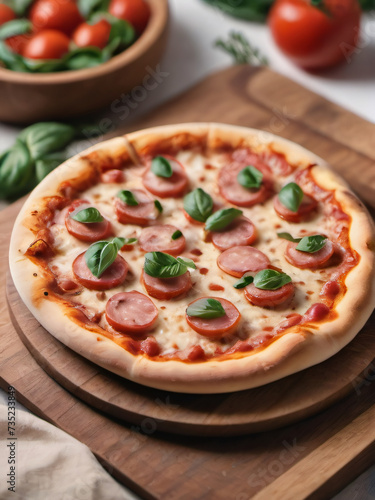 Photo Of Pizza On Wood Plate Isolated On White Background.