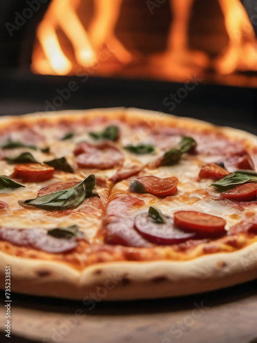 Photo Of Fresh Baked Pizza Closeup  Traditional Wood Fired Oven Background.