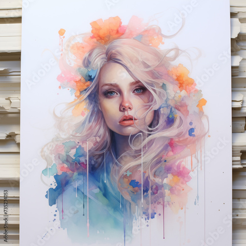 pastel+watercolor portrait of a beautiful girl